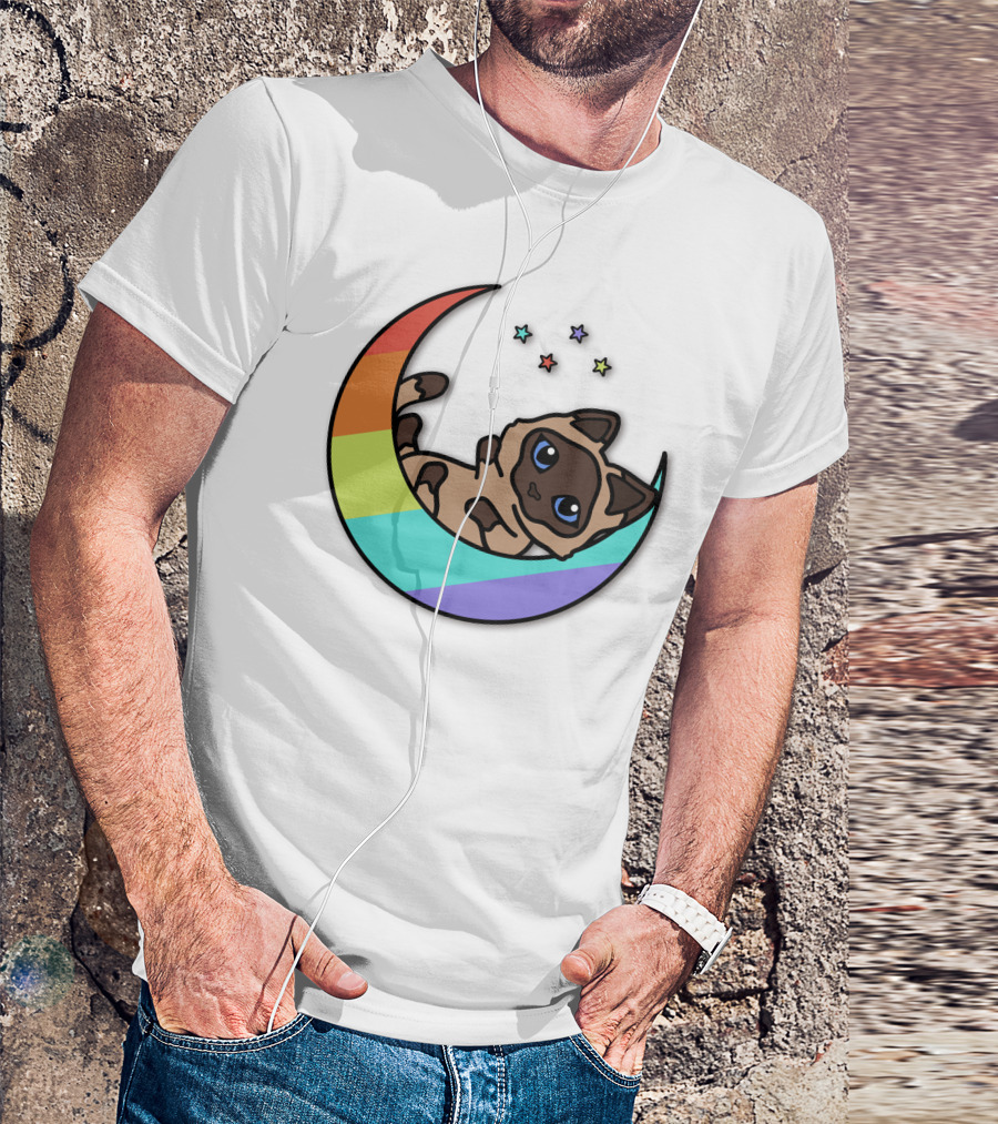 Antfrost Cat On Rainbow Crescent With Stars T-Shirt