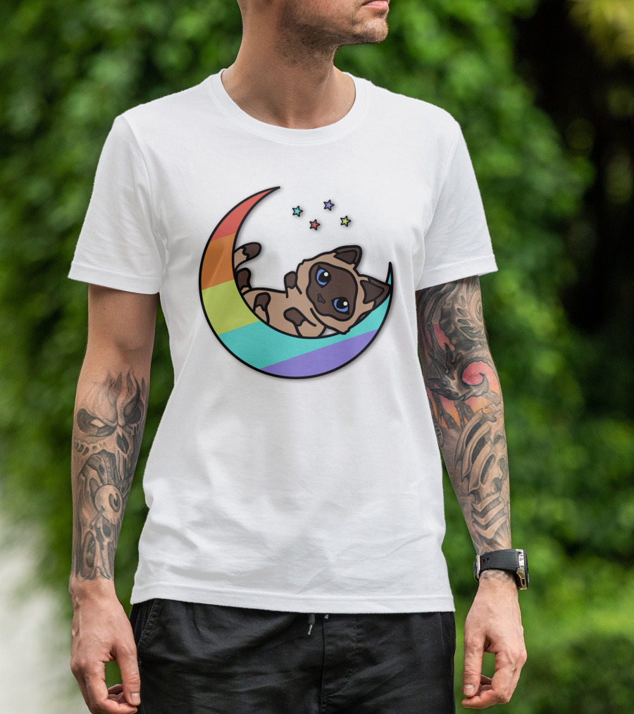 Antfrost Cat On Rainbow Crescent With Stars T-Shirt