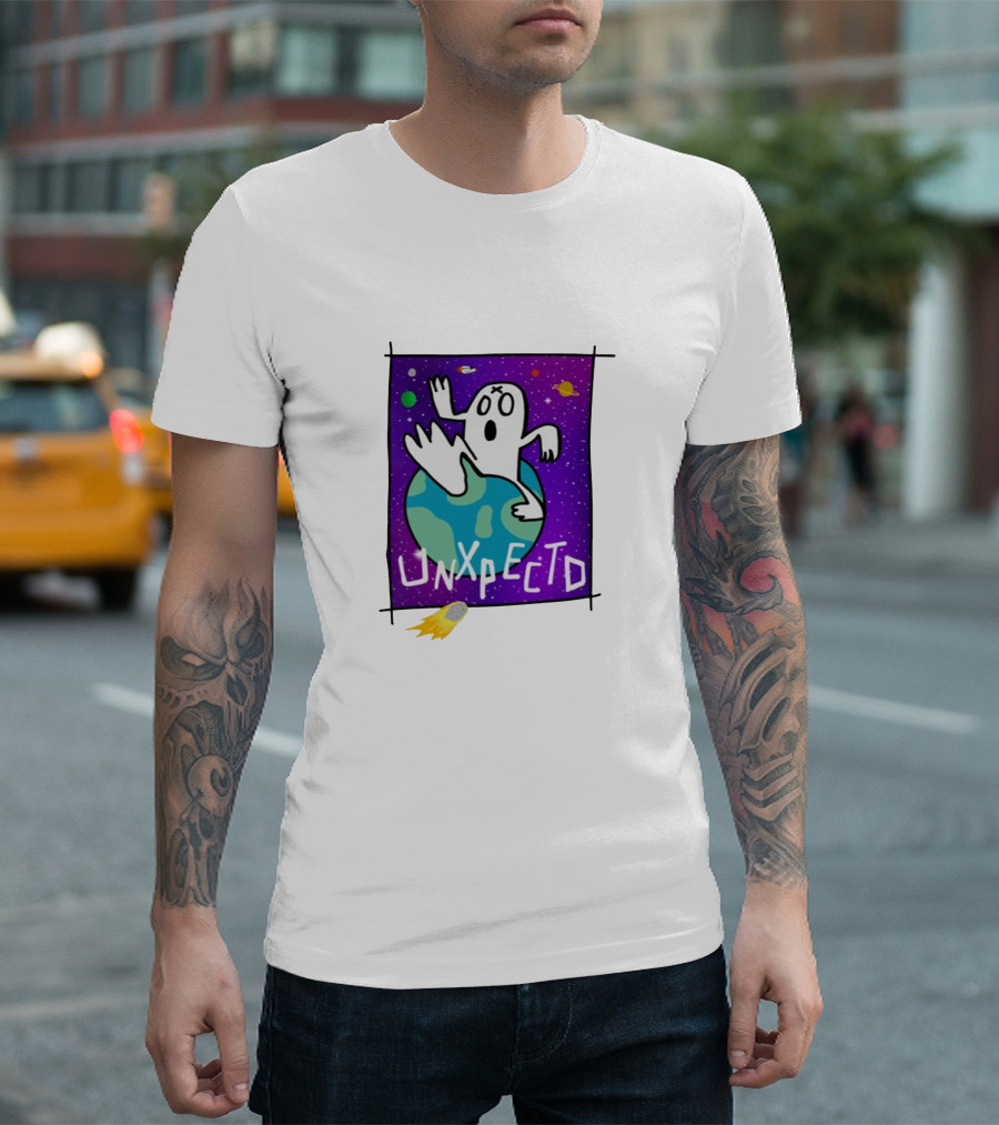 Unxpectd Ghost Mascot Floating In Outer Space With Planets And Asteroids T-Shirt