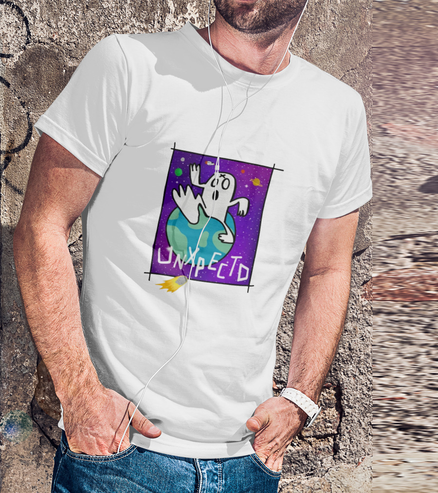 Unxpectd Ghost Mascot Floating In Outer Space With Planets And Asteroids T-Shirt