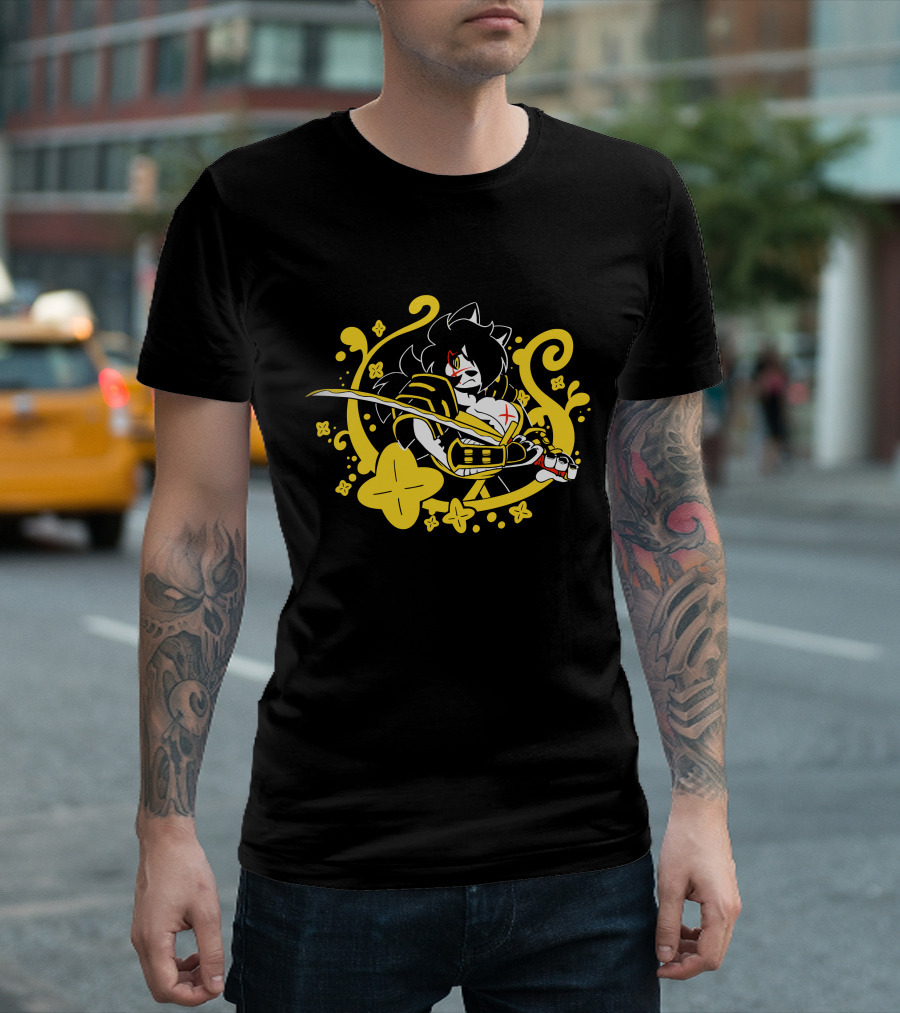 Hachimitsu Samurai Character With Sword And Yellow Floral Motif T-Shirt