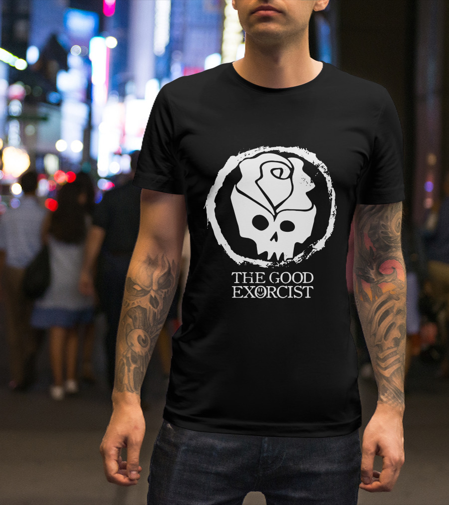 RoseSkull The Good Exorcist Skull With Rose And Smile Emblem T-Shirt
