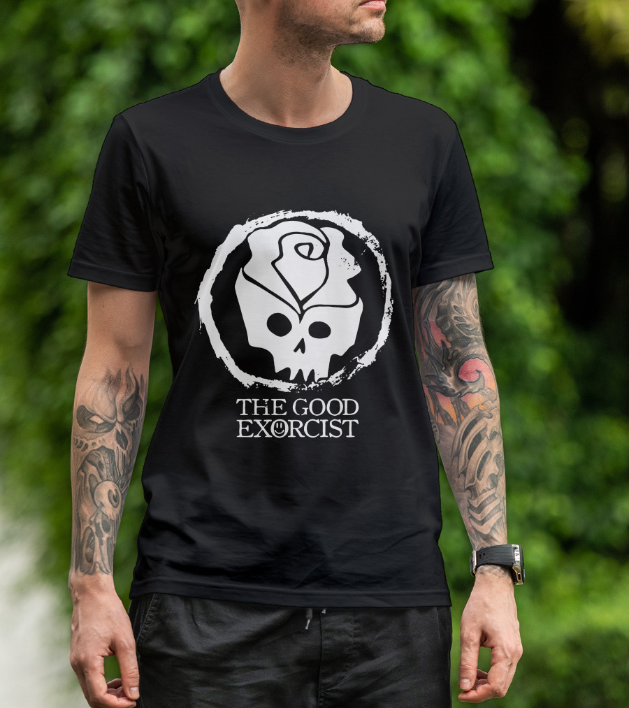 RoseSkull The Good Exorcist Skull With Rose And Smile Emblem T-Shirt