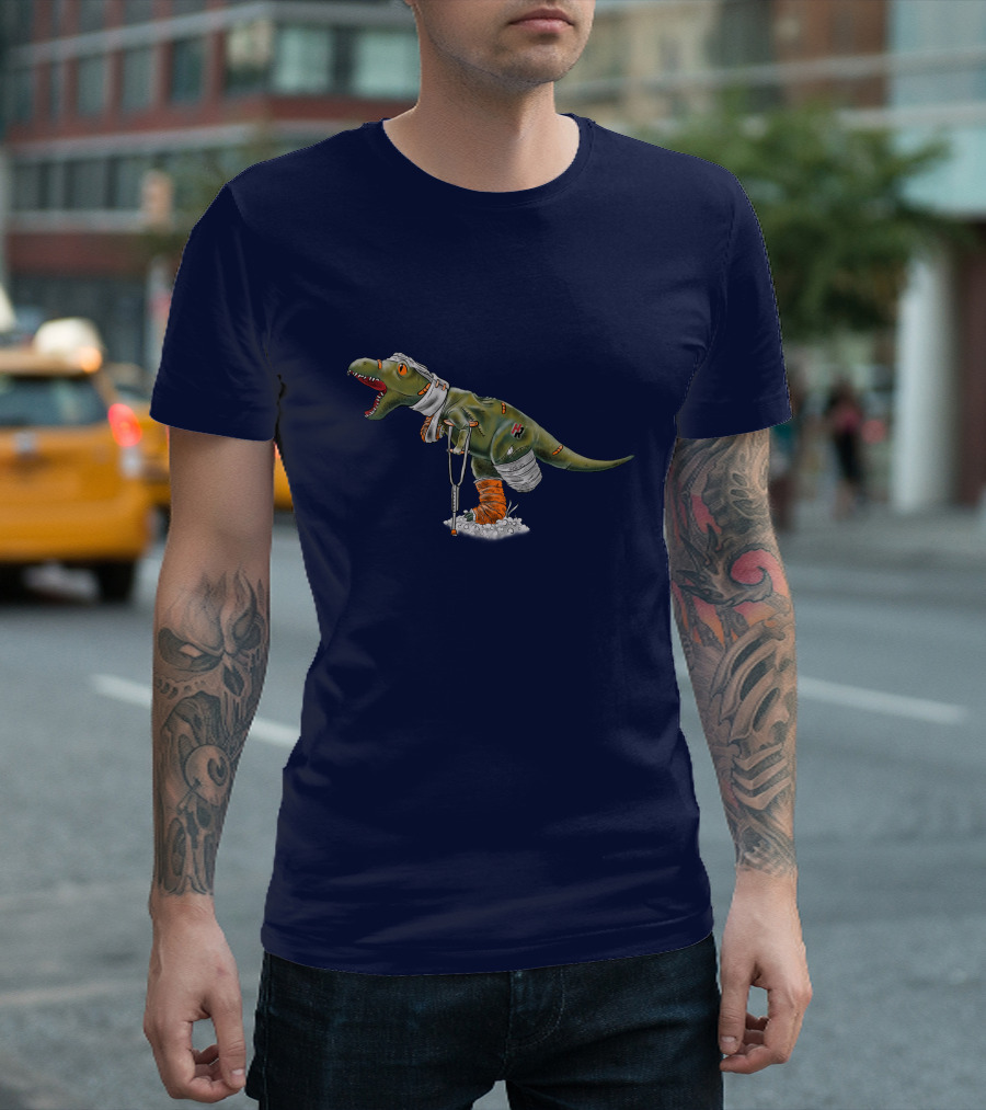 Rexy Injured Hero Dinosaur With Bandages And Crutches T-Shirt