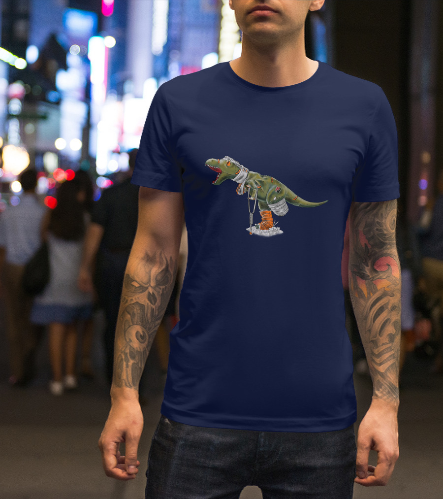 Rexy Injured Hero Dinosaur With Bandages And Crutches T-Shirt