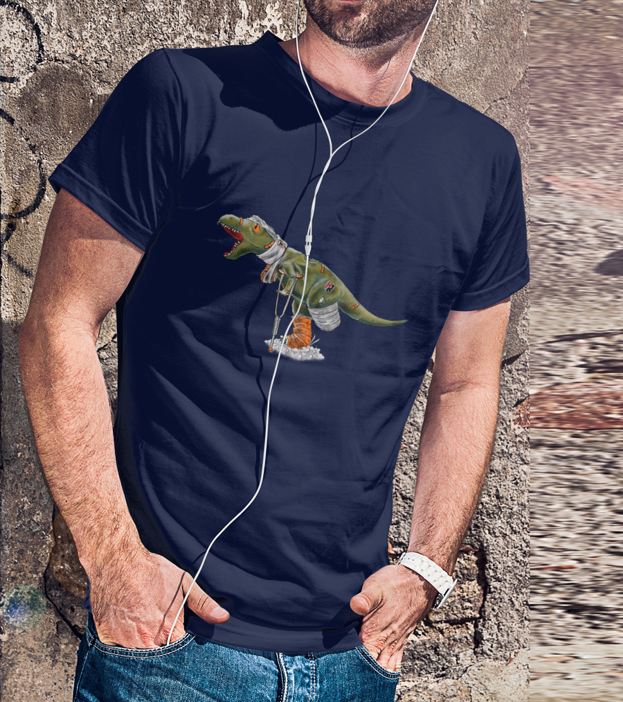 Rexy Injured Hero Dinosaur With Bandages And Crutches T-Shirt