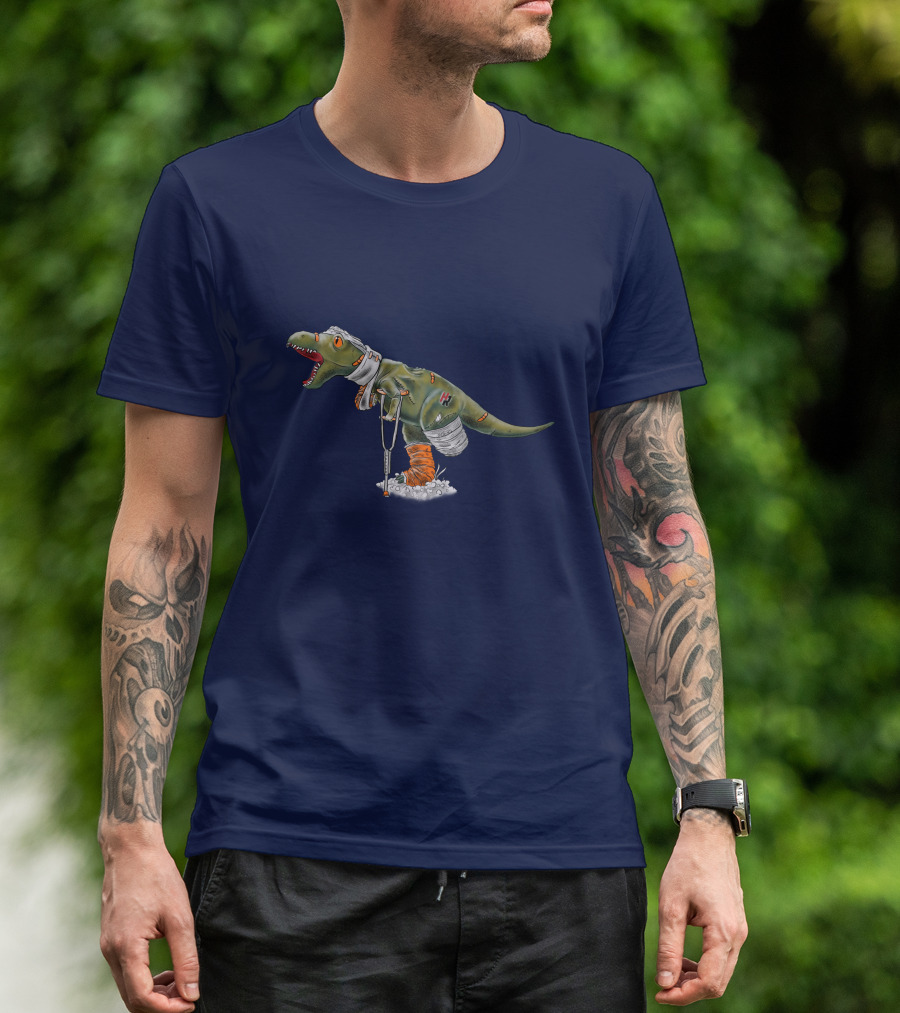 Rexy Injured Hero Dinosaur With Bandages And Crutches T-Shirt