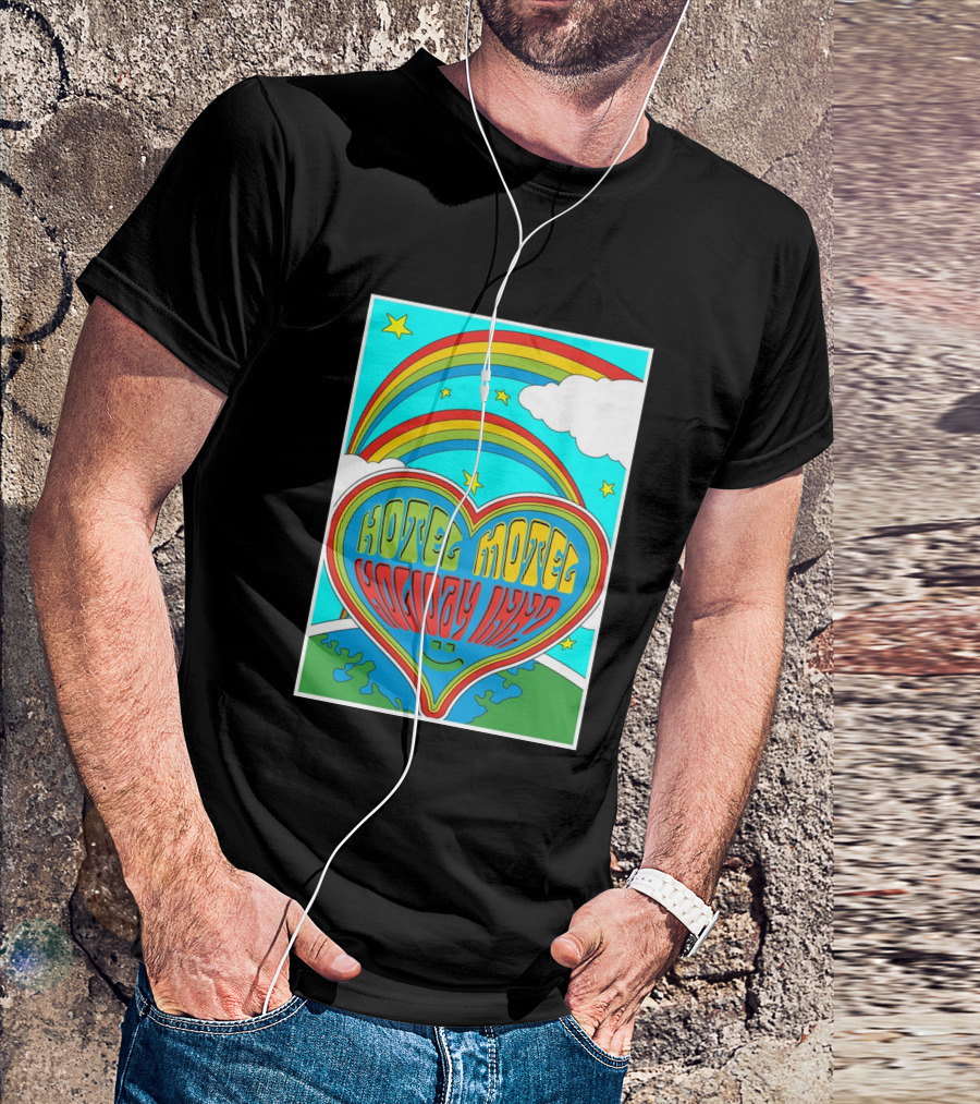 Sarahbaska Hotel Motel Holiday 1973 Rainbow Earth Heart T-Shirt