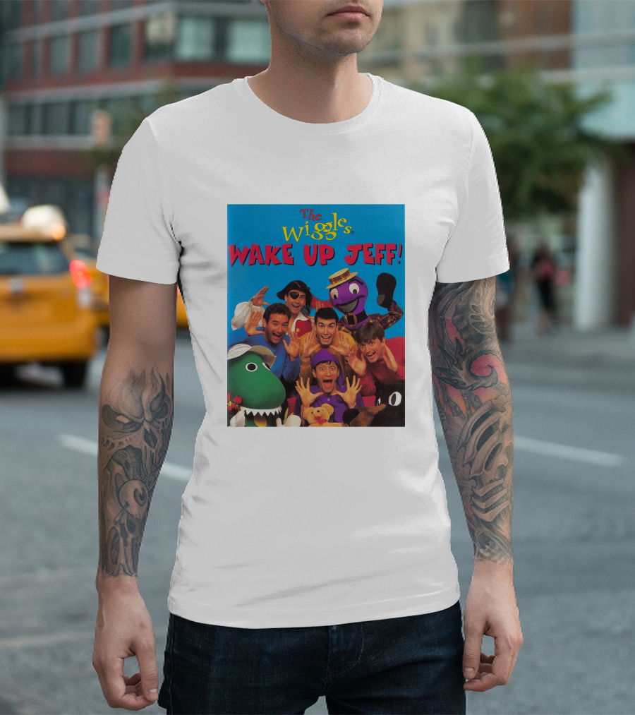 The Wiggles Wake Up Jeff Characters and Colorful Friends Fun Scene T-Shirt