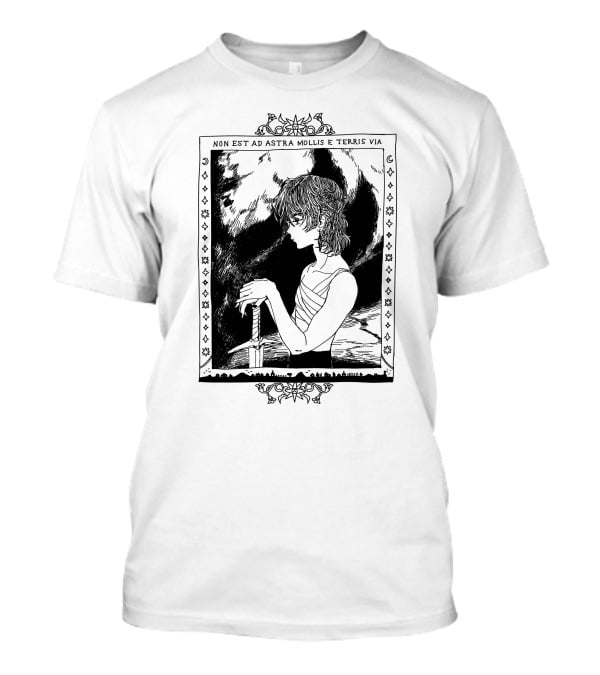 Non Est Ad Astra Mollis E Terris Via Sword-Wielding Figure In Classical Frame T-Shirt
