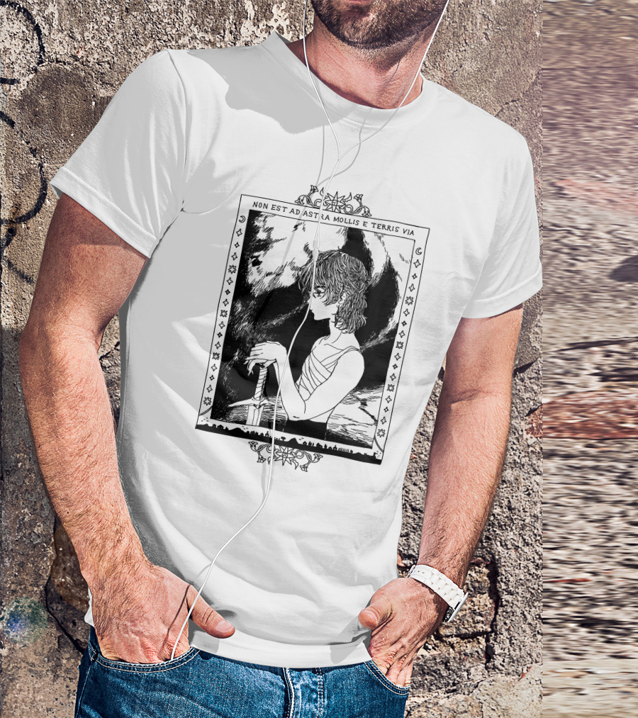 Non Est Ad Astra Mollis E Terris Via Sword-Wielding Figure In Classical Frame T-Shirt