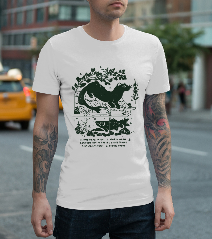 Camp Mustelid Merch Taxonomy American Mink Marsh Wren Blueberry Tufted Loosestrife Eastern Newt Brook Trout T-Shirt