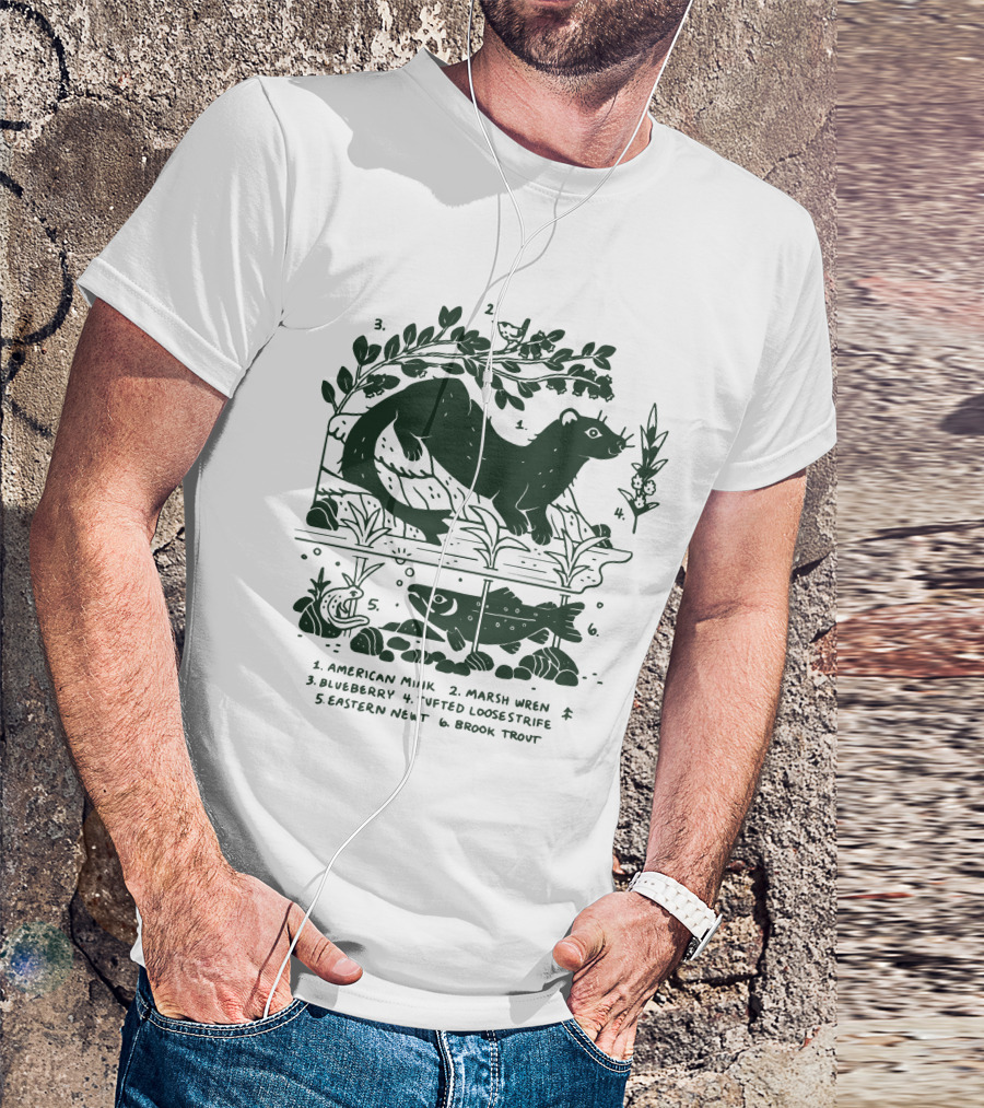 Camp Mustelid Merch Taxonomy American Mink Marsh Wren Blueberry Tufted Loosestrife Eastern Newt Brook Trout T-Shirt