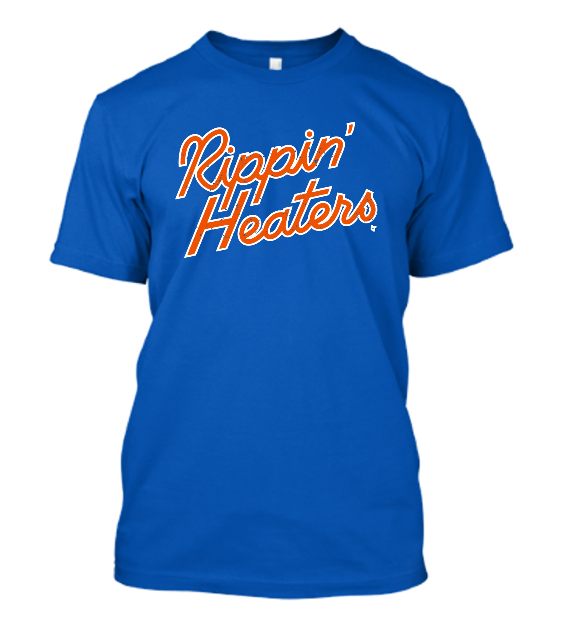 Rippin' Heaters Bold Script White And Orange Retro Style On Blue T-Shirt
