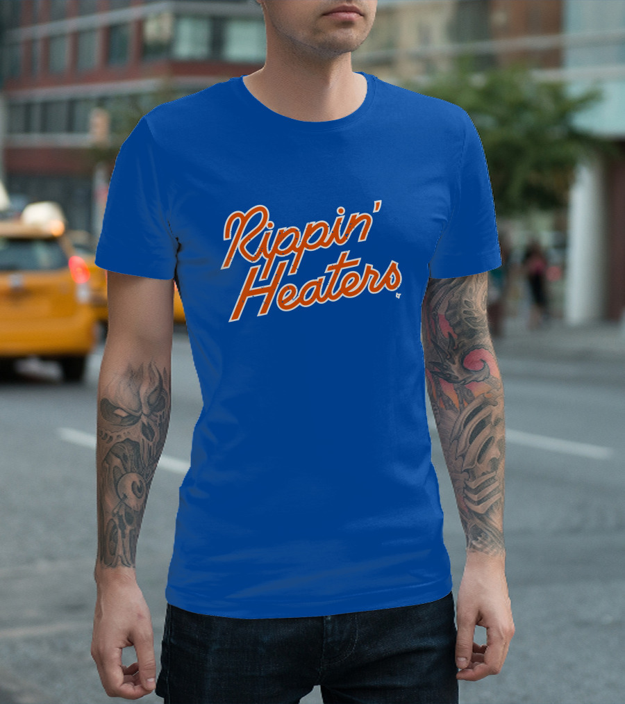 Rippin' Heaters Bold Script White And Orange Retro Style On Blue T-Shirt