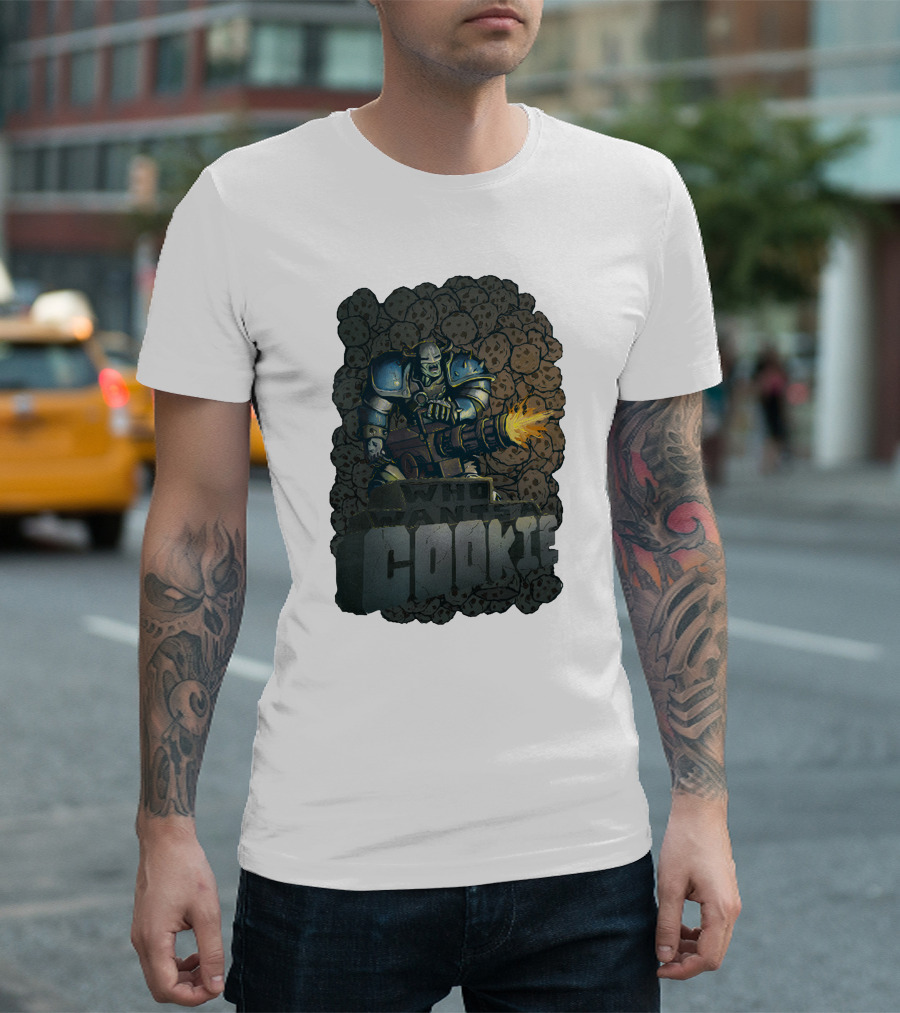 Oxhorn Who Wants a Cookie with Armored Figure and Gun Surrounded by Cookies T-Shirt