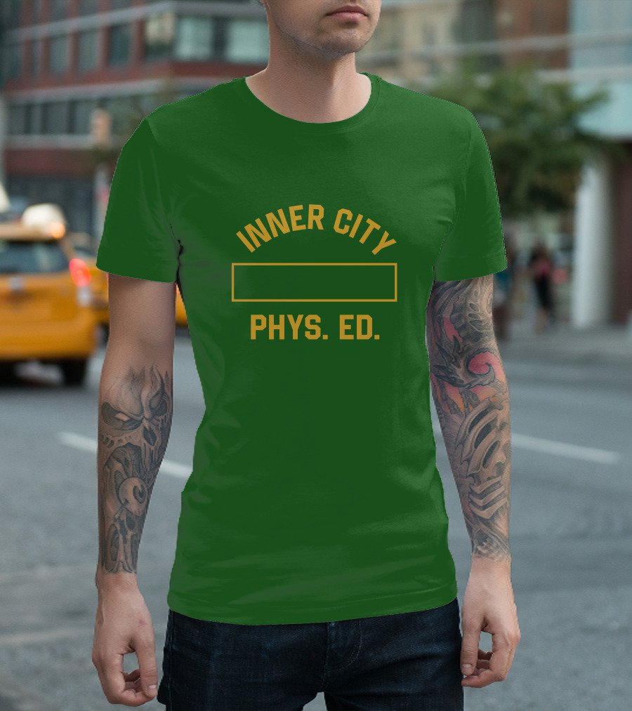 Inner City Phys Ed Green Yellow Block Letters T-Shirt