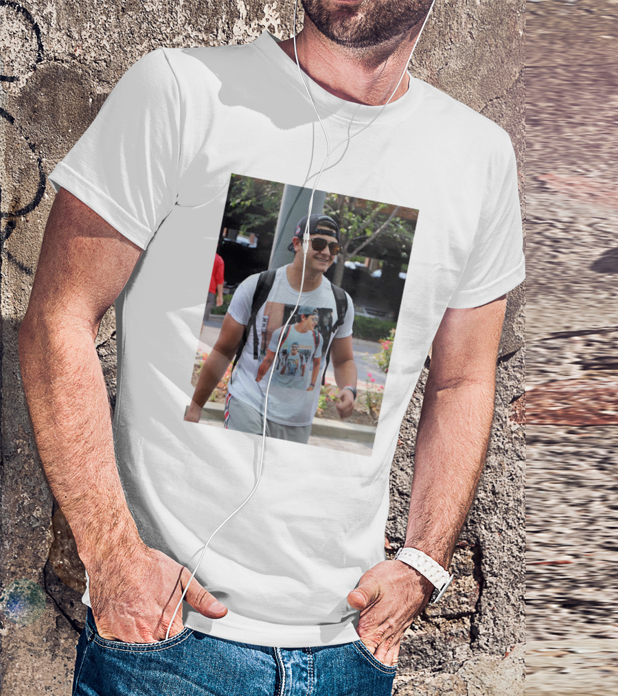 Liam Mccullough Arrives At Ohio State Camp Wearing Photo Print Shirt With Repeating Image T-Shirt