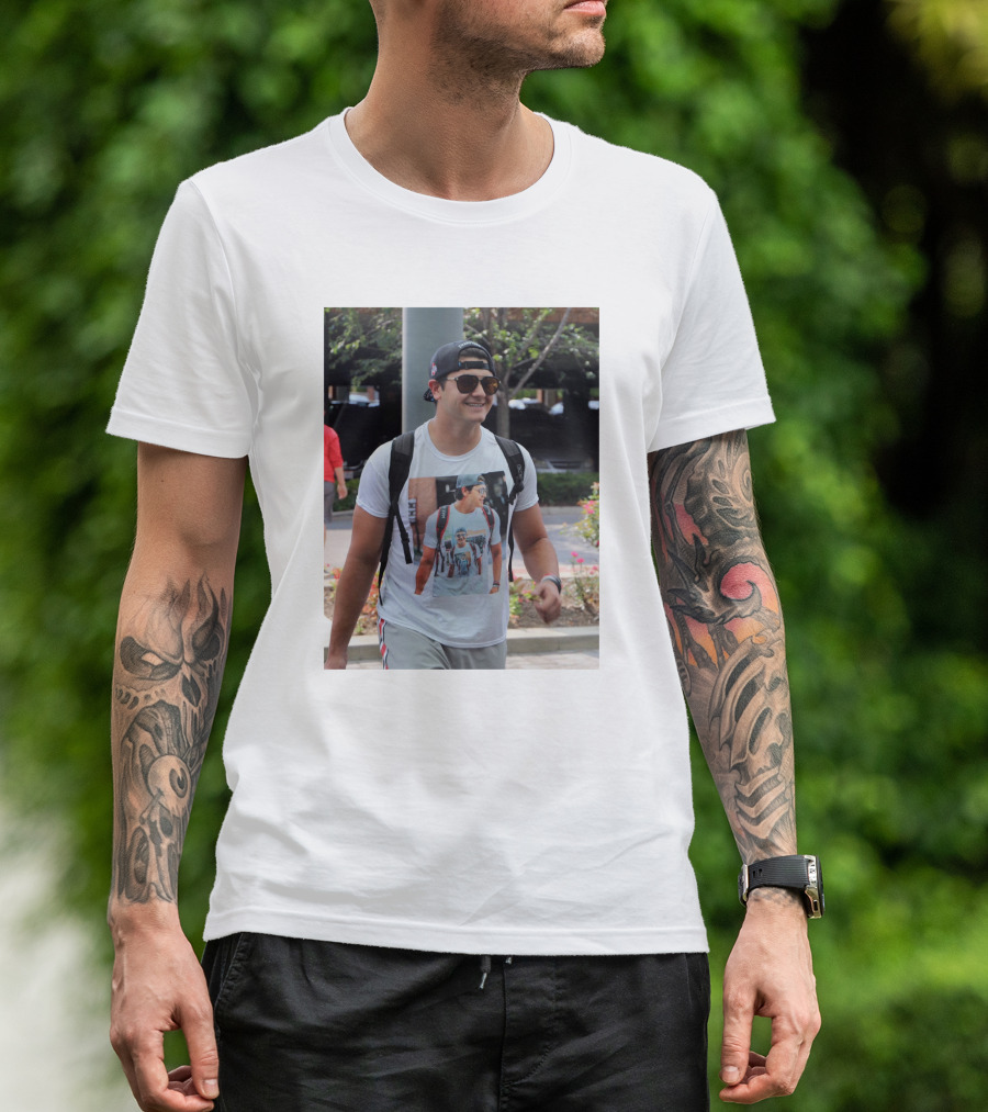 Liam Mccullough Arrives At Ohio State Camp Wearing Photo Print Shirt With Repeating Image T-Shirt