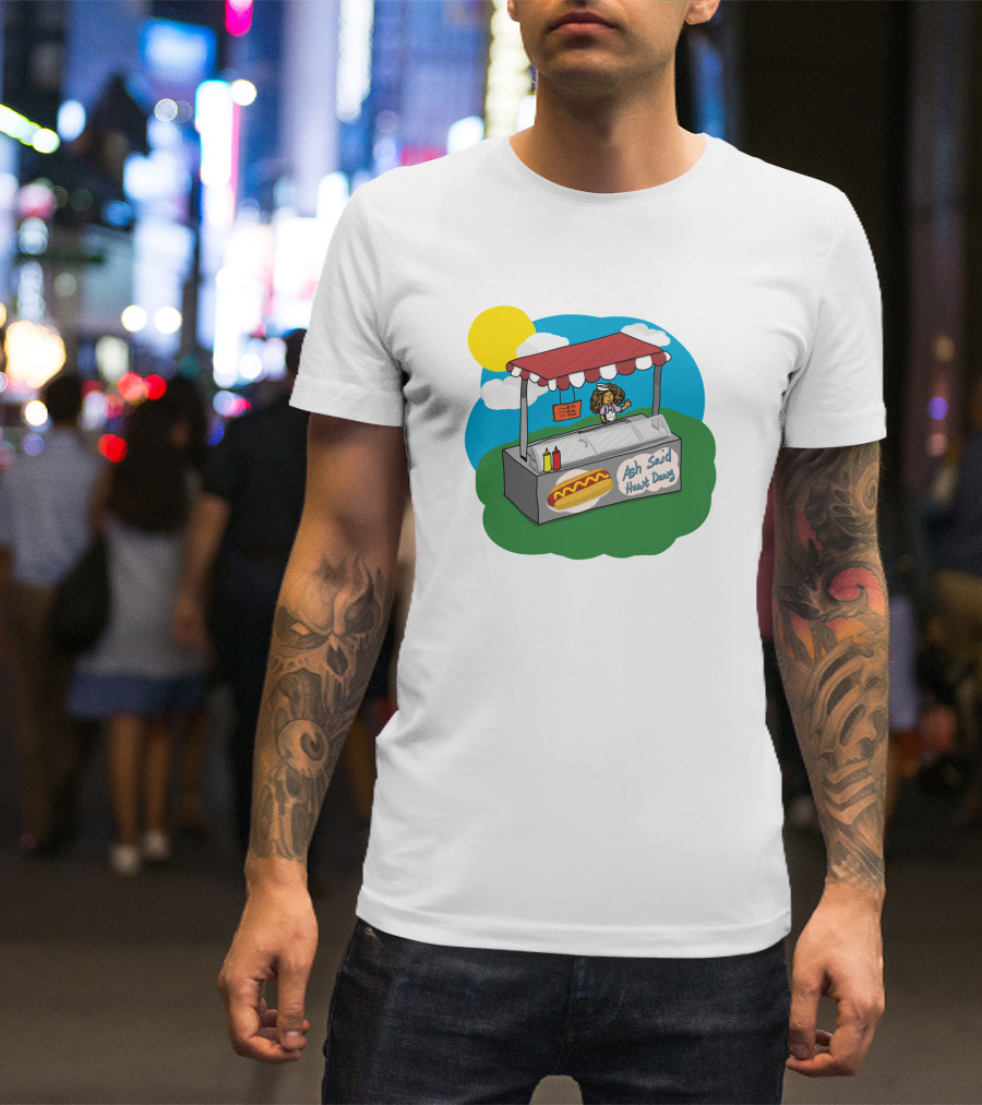 Ash Said Hawt Dawg Stand With Hot Dog And Condiments Under Red Canopy In Cartoon T-Shirt