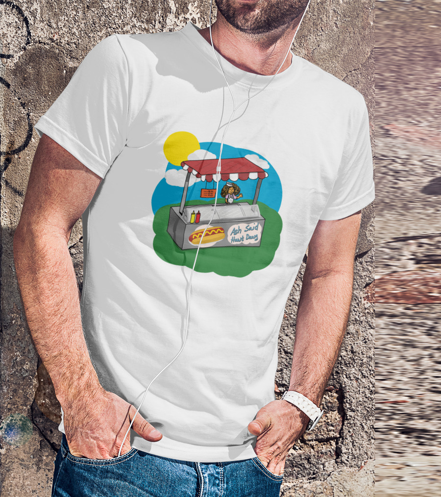 Ash Said Hawt Dawg Stand With Hot Dog And Condiments Under Red Canopy In Cartoon T-Shirt