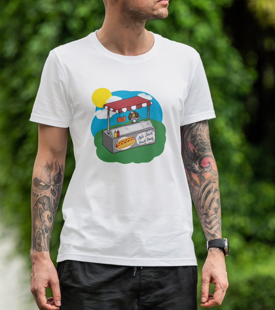 Ash Said Hawt Dawg Stand With Hot Dog And Condiments Under Red Canopy In Cartoon T-Shirt
