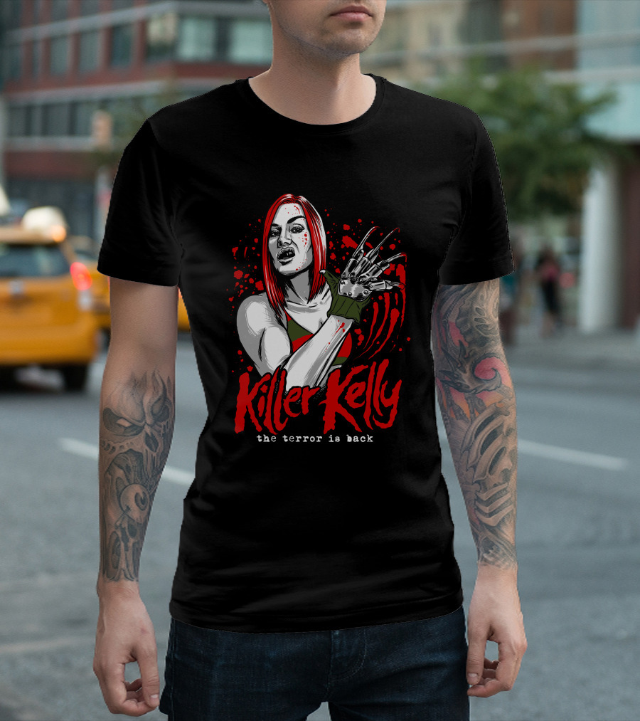 Killer Kelly The Terror Is Back Freddy Krueger Inspired Character Blood Splatter T-Shirt
