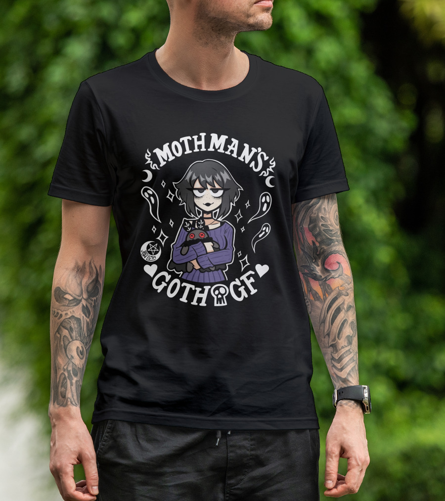 Mothman’s Goth GF Lilith Holding Black Cat Surrounded By Ghosts And Stars T-Shirt