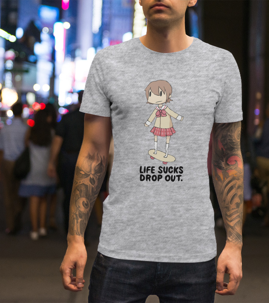 Life Sucks Drop Out Anime Style Character On Skateboard T-Shirt