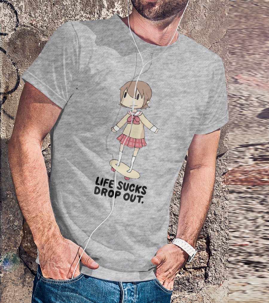 Life Sucks Drop Out Anime Style Character On Skateboard T-Shirt