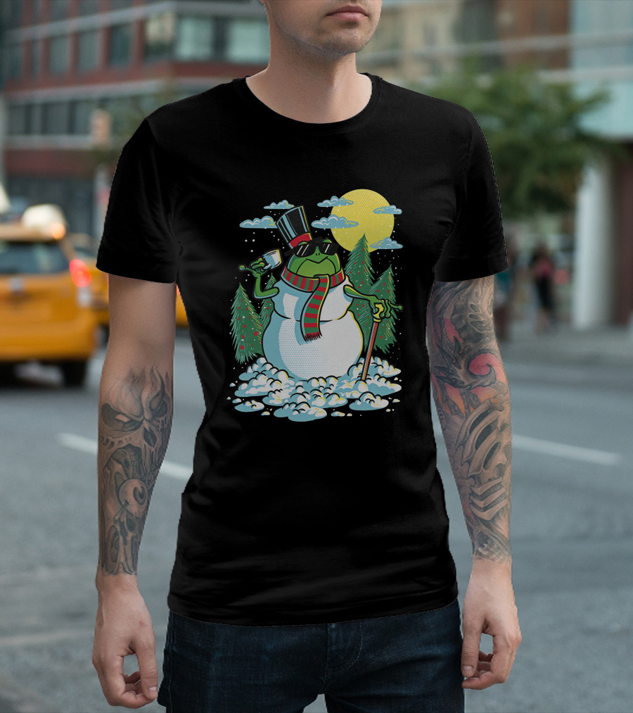 BoomerNA Merch BoomerNA Snowfrog Frog Snowman Christmas Tree Top Hat Cane T-Shirt