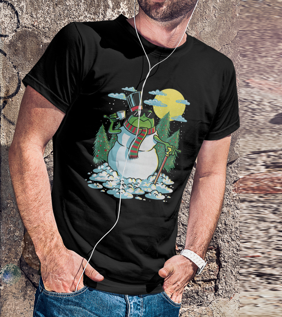 BoomerNA Merch BoomerNA Snowfrog Frog Snowman Christmas Tree Top Hat Cane T-Shirt