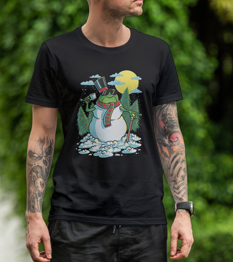 BoomerNA Merch BoomerNA Snowfrog Frog Snowman Christmas Tree Top Hat Cane T-Shirt