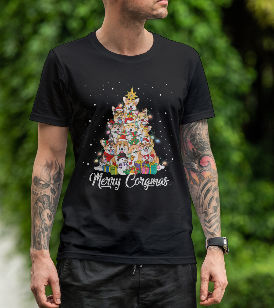 Merry Corgmas Corgi Christmas Tree Dog Gifts Snowman Star Lights T-Shirt