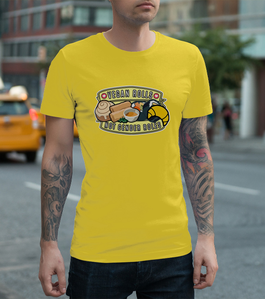 Vegan Rolls Not Gender Roles Sushi Cinnamon Bun Yellow Background T-Shirt