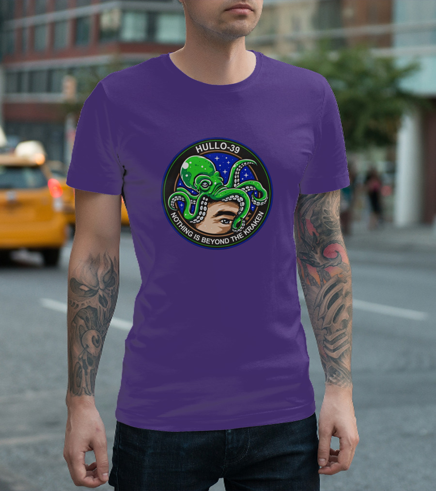 Hullo-39 Nothing Is Beyond The Kraken Green Octopus Starry Sky Badge T-Shirt