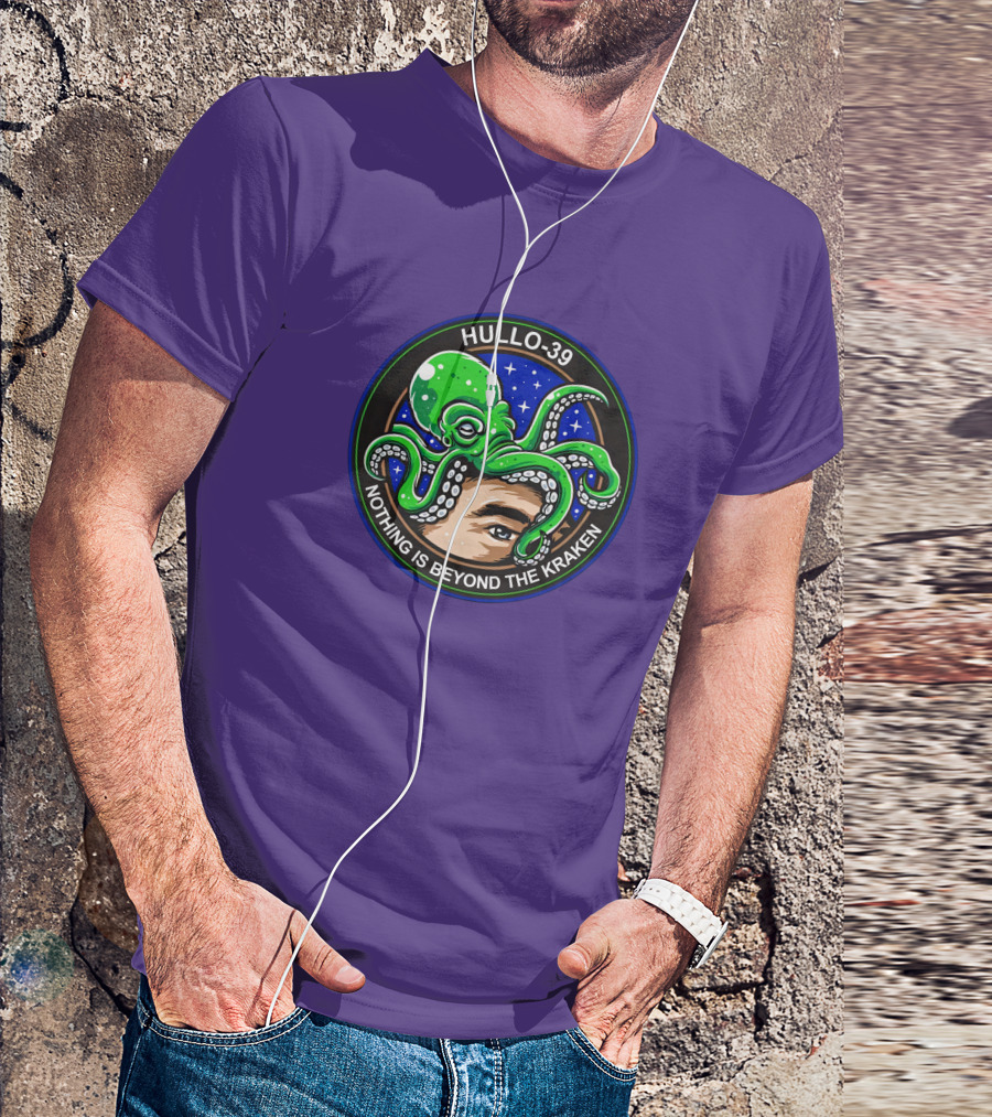 Hullo-39 Nothing Is Beyond The Kraken Green Octopus Starry Sky Badge T-Shirt