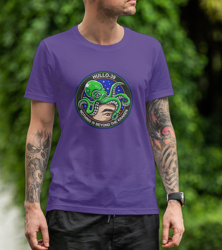Hullo-39 Nothing Is Beyond The Kraken Green Octopus Starry Sky Badge T-Shirt