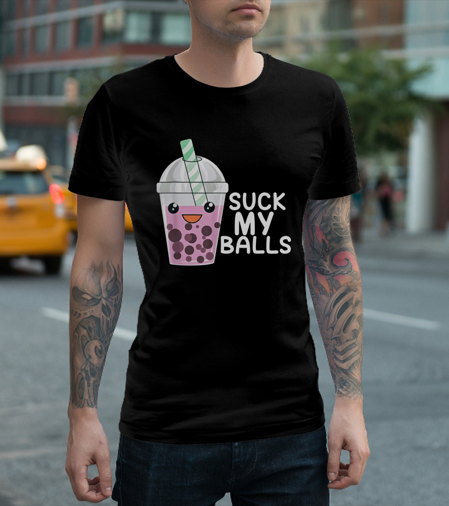 Suck My Balls Society6 Merch Bubble Tea Drink With Smiley Cup And Straw T-Shirt