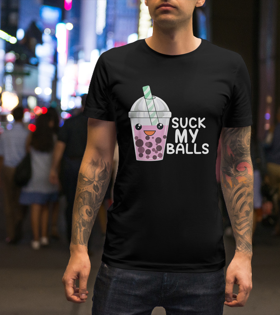 Suck My Balls Society6 Merch Bubble Tea Drink With Smiley Cup And Straw T-Shirt