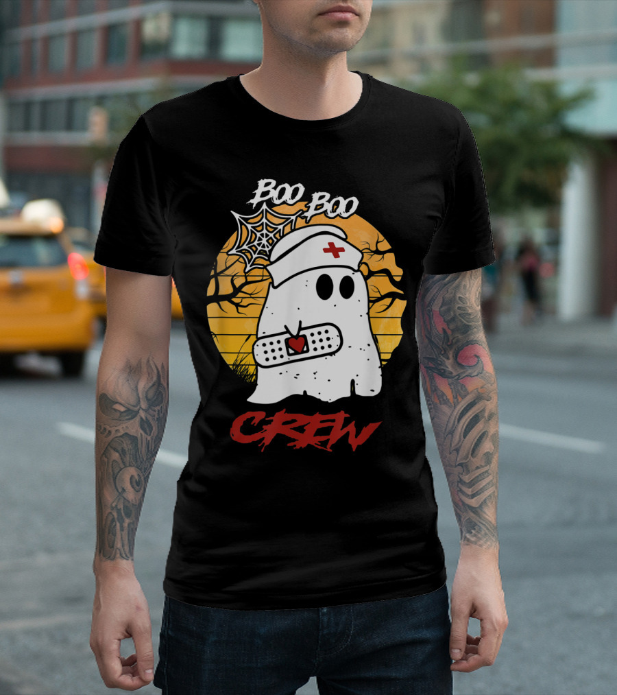 Boo Boo Nurse Ghost with Bandage and Spider Web Halloween Crew T-Shirt