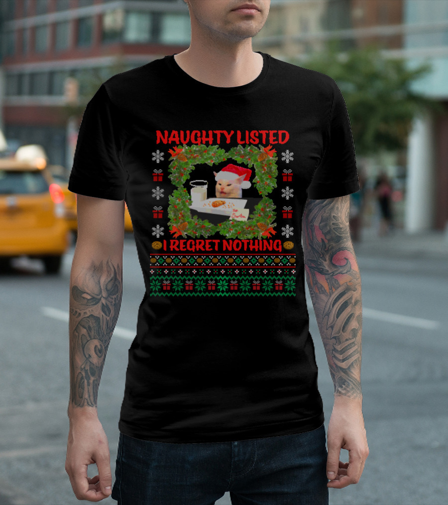 Naughty Listed Cat I Regret Nothing Santa Milk Cookies Christmas T-Shirt