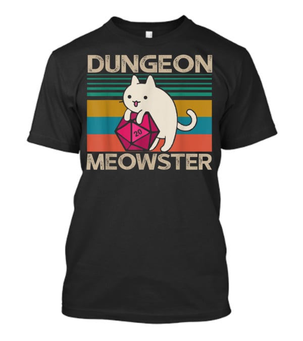 Dungeon Meowster Nerdy Gamer Cat D20 RPG Retro Stripes T-Shirt