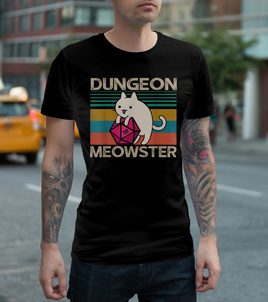 Dungeon Meowster Nerdy Gamer Cat D20 RPG Retro Stripes T-Shirt
