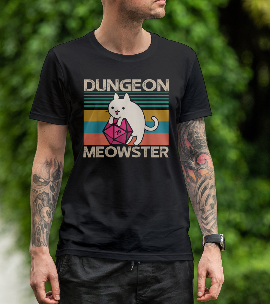 Dungeon Meowster Nerdy Gamer Cat D20 RPG Retro Stripes T-Shirt