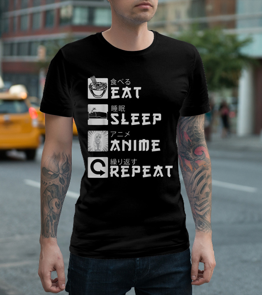 Eat Sleep Anime Repeat Japanese Manga Cosplay Bowl Zzzz Girl Arrows T-Shirt