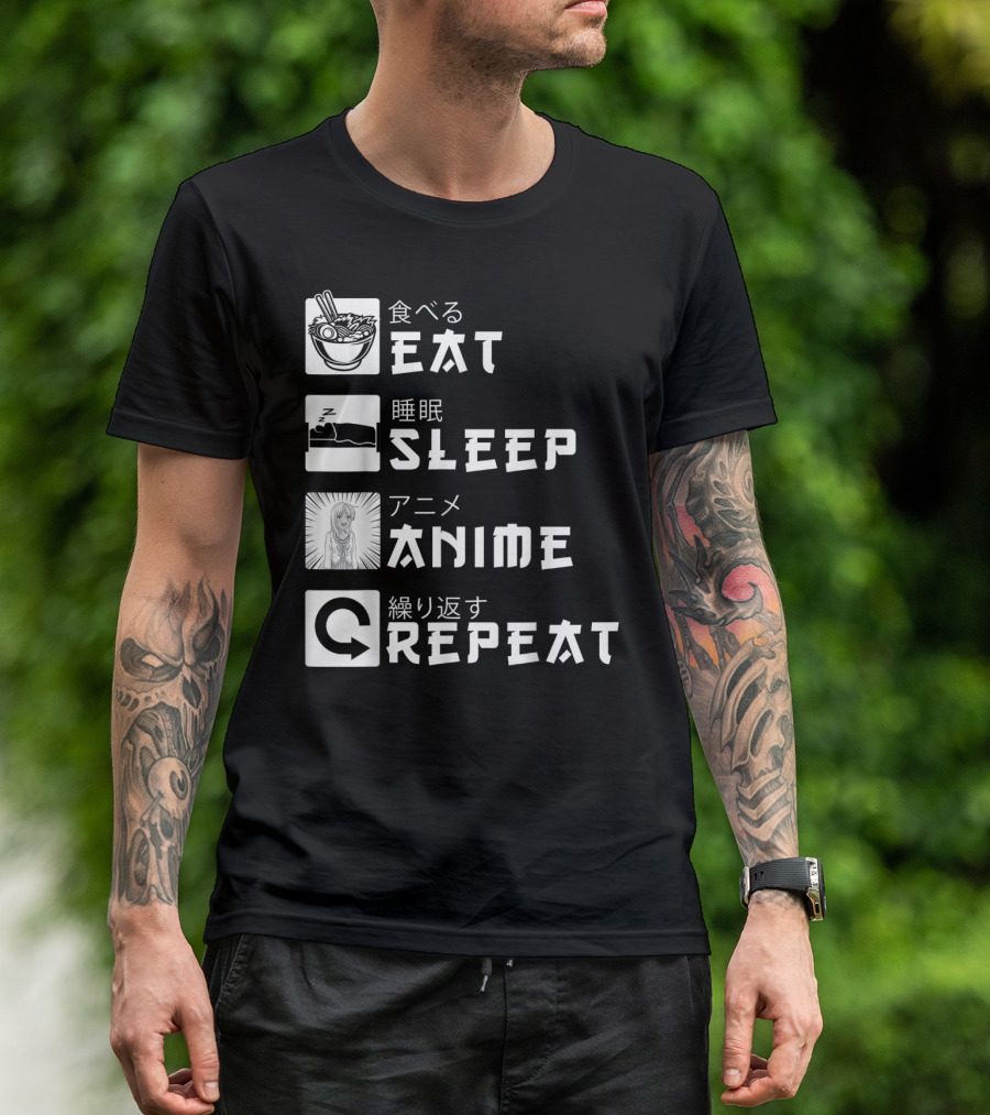 Eat Sleep Anime Repeat Japanese Manga Cosplay Bowl Zzzz Girl Arrows T-Shirt