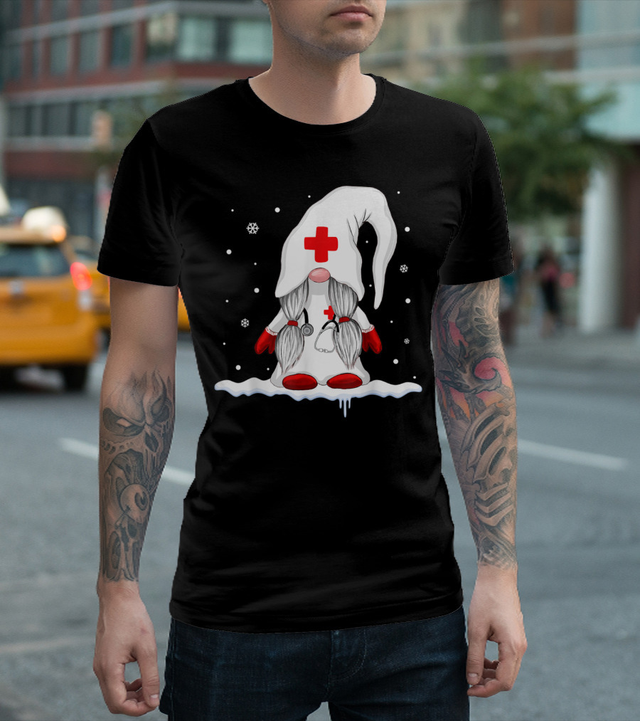 Gnome Nurse with Stethoscope and Red Cross Winter Scene T-Shirt