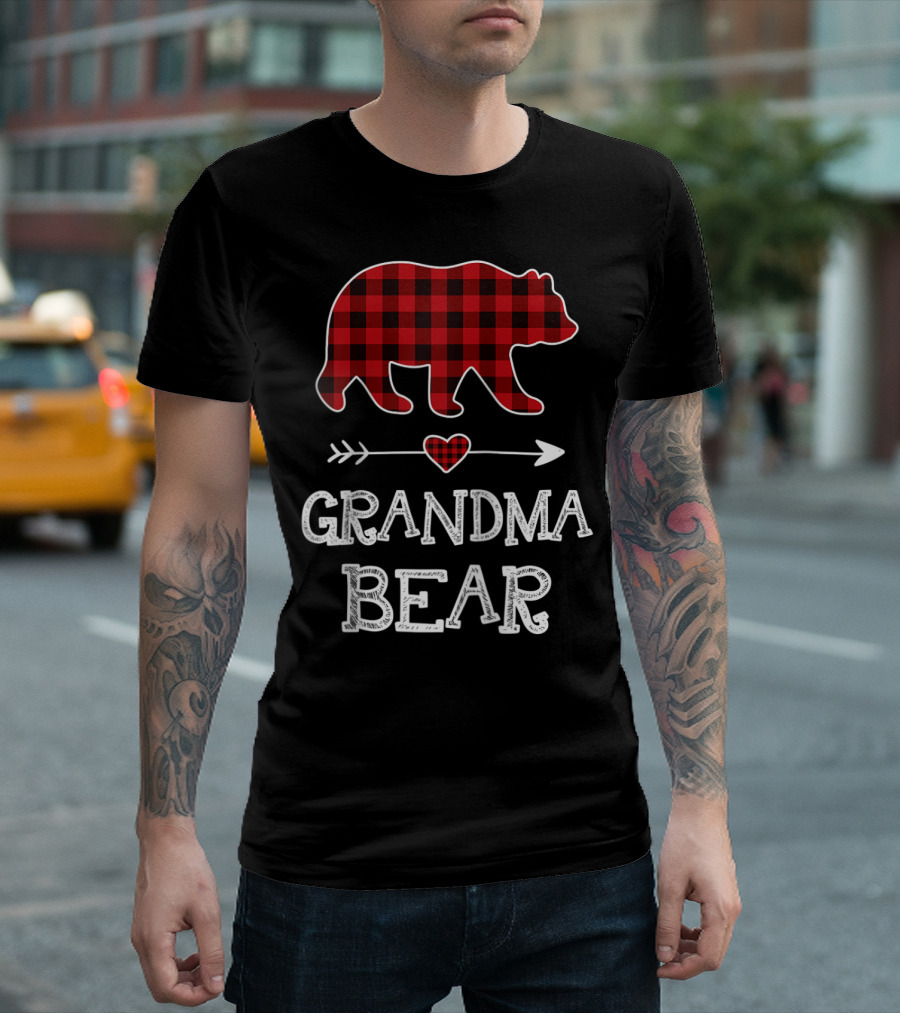 Grandma Bear Christmas Buffalo Plaid Raglan Baseball T-Shirt