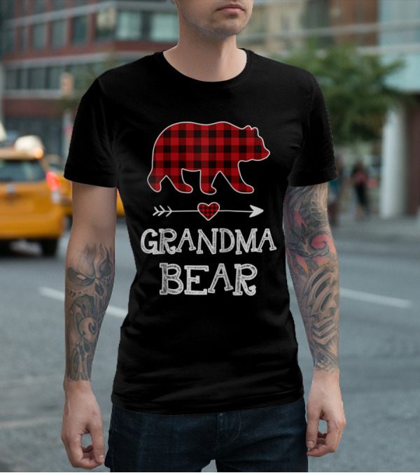 Grandma Bear Christmas Buffalo Plaid Raglan Baseball T-Shirt